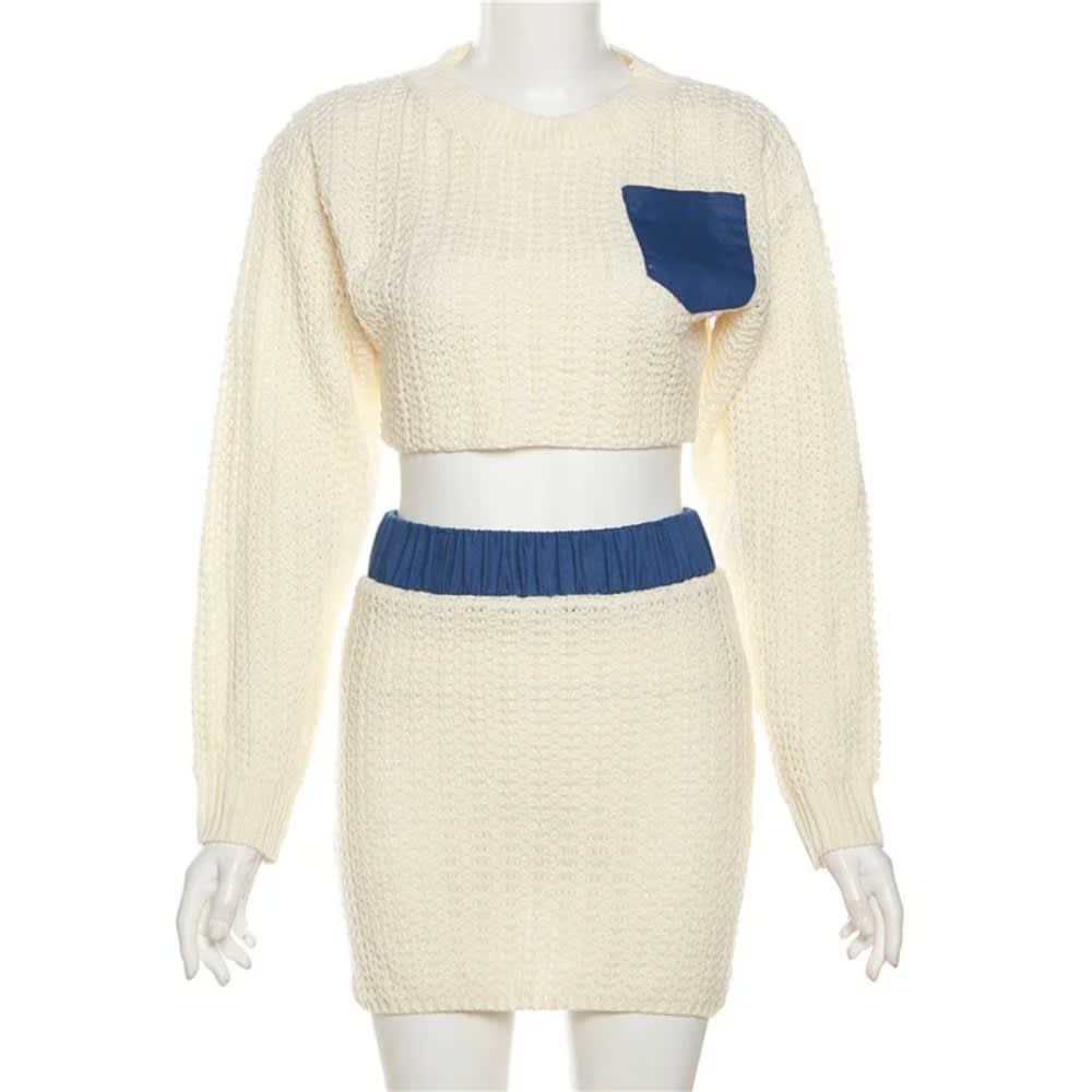 White Patchwork Denim Two Piece Set for Women - Knitted Crop Top + Mini Skirt Set